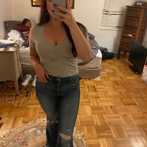 Fitz + Eddie plain grey tee with U neck and Lacey trim